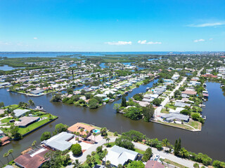 Residential homes along canals in Cocoa Beach on Florida's Space Coast in Brevard County	