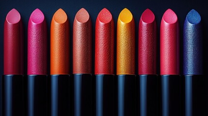 A row of vibrant lipsticks showcasing various shades for cosmetic application.