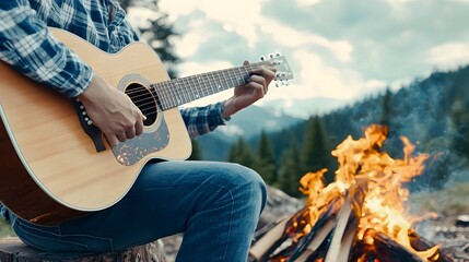 Obraz premium Serene close up of a person strumming an acoustic guitar by a warm and inviting campfire creating a soulful and harmonious musical experience in the great outdoors