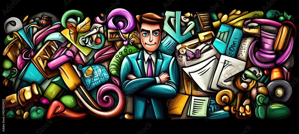 Poster a colorful illustration featuring a confident individual surrounded by various objects and clutter.