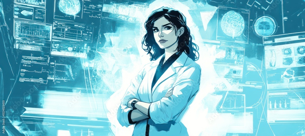Poster a confident scientist stands in a high-tech lab surrounded by digital displays and data.