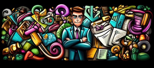 A colorful illustration featuring a confident individual surrounded by various objects and clutter.