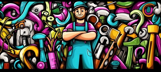 A cheerful worker stands amidst colorful tools and equipment, symbolizing creativity and craftsmanship.