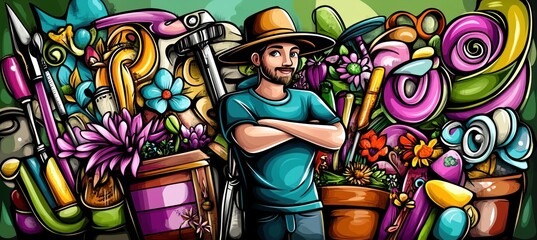 A cheerful gardener stands among colorful gardening tools and plants, showcasing a vibrant hobby.