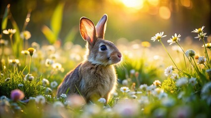 Fototapeta premium Rabbit enjoying the sunlight in a flower meadow, rabbit, sunlight, flowers, meadow, nature, wildlife, cute, fluffy, outdoors