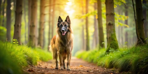 Fototapeta premium Cute Belgian Shepherd dog walking in a lush forest setting, Belgian Shepherd, dog, forest, nature, pet, adorable, cute, walking