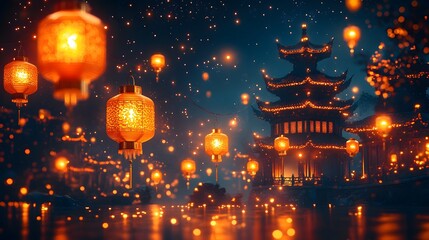 Obraz premium Chinese New Year background featuring traditional red lanterns with golden accents in watercolor style