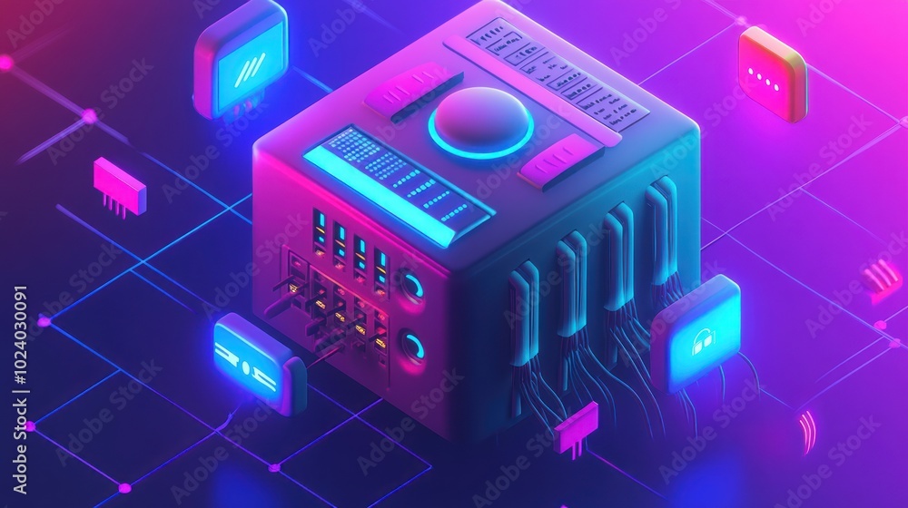 Poster a futuristic device with glowing interfaces, symbolizing advanced technology and connectivity.