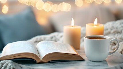 Cozy and Calming Bedroom Scene with a Cup of Tea Open Book and Burning Candles on a Marble Table Glowing Lights Creating a Relaxing Atmosphere for the Winter Season
