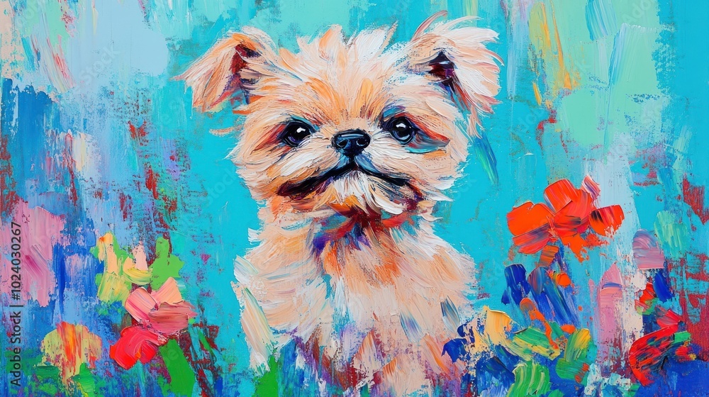 Wall mural A colorful painting of a small dog surrounded by vibrant flowers against a bright blue background.