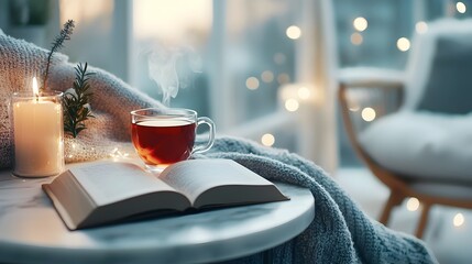 Cozy cybernetic winter setting with a warm glowing ambiance  An open book tea and scented candles are arranged on a marble table with a chair visible in the soft background lighting  A serene
