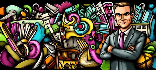 A vibrant mural featuring a confident businessman amidst colorful abstract shapes and objects.