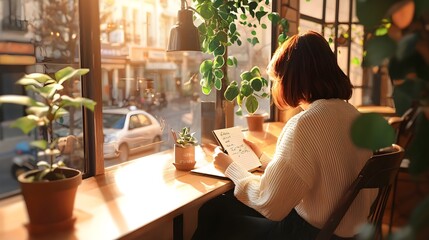 A woman sitting at a cafe table writing thoughtfully in her notebook while sipping a warm beverage and surrounded by the cozy inviting atmosphere of the indoor space