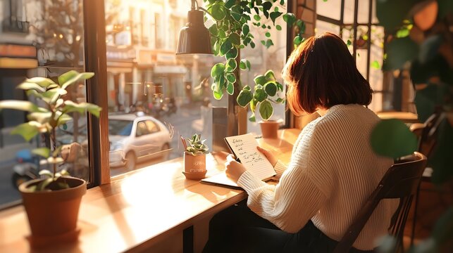 A woman sitting at a cafe table writing thoughtfully in her notebook while sipping a warm beverage and surrounded by the cozy inviting atmosphere of the indoor space