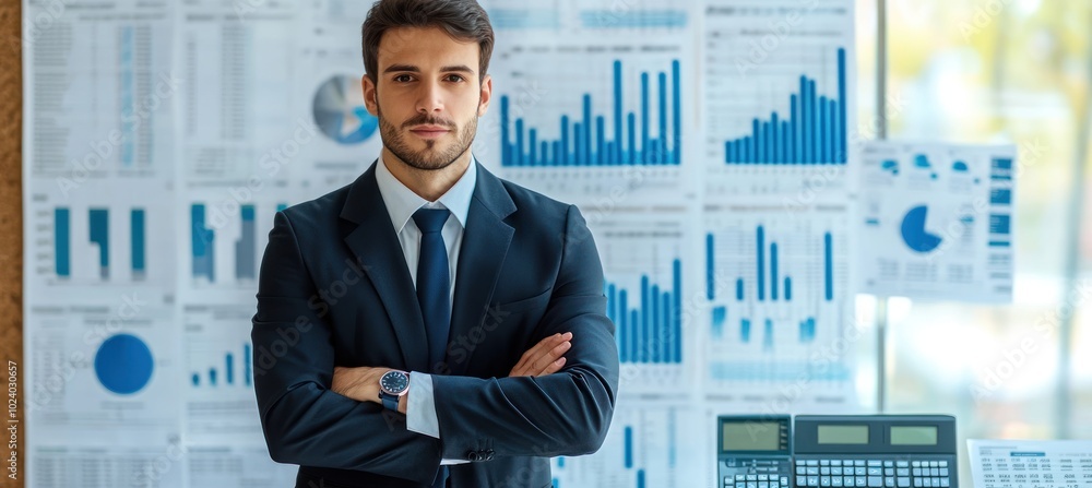 Poster a confident man in a suit stands in a business setting with charts and data in the background.