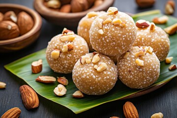 Besan laddus rolled into perfect spheres, dusted with crushed nuts, placed on a banana leaf for an authentic, traditional presentation