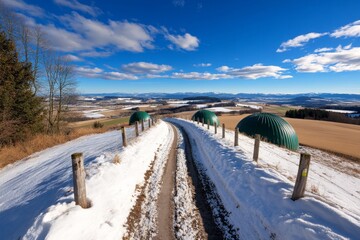 Biogas plant in a rural area, converting animal waste into renewable energy, providing a sustainable fuel source for local farms