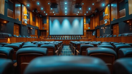 Modern Conference Room with Empty Seats and Screen