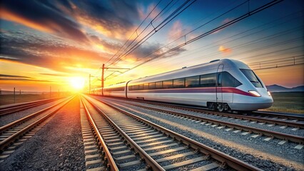 Naklejka premium High speed train passing on tracks during sunset