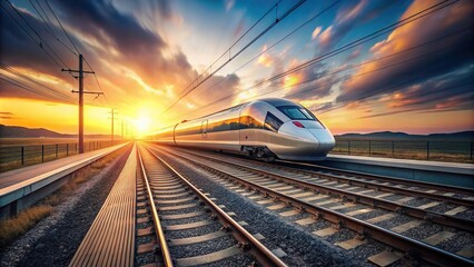 Naklejka premium High speed train passing at sunset on railway tracks.