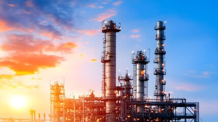 Obraz premium Detailed view of an advanced petrochemical plant refining crude oil into a diverse array of chemical compounds used in various industries