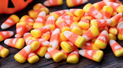 Colorful candy corn scattered on a wooden surface, perfect for Halloween treats and autumn celebrations.