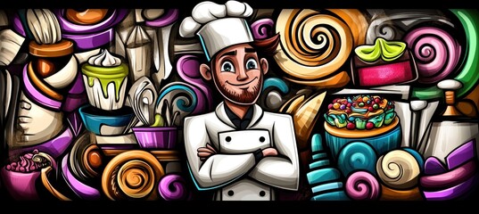 Fototapeta premium A cheerful chef surrounded by colorful baking ingredients and desserts.