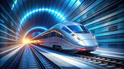 Fototapeta premium High speed train with glossy exterior zooming through neon lit tunnel