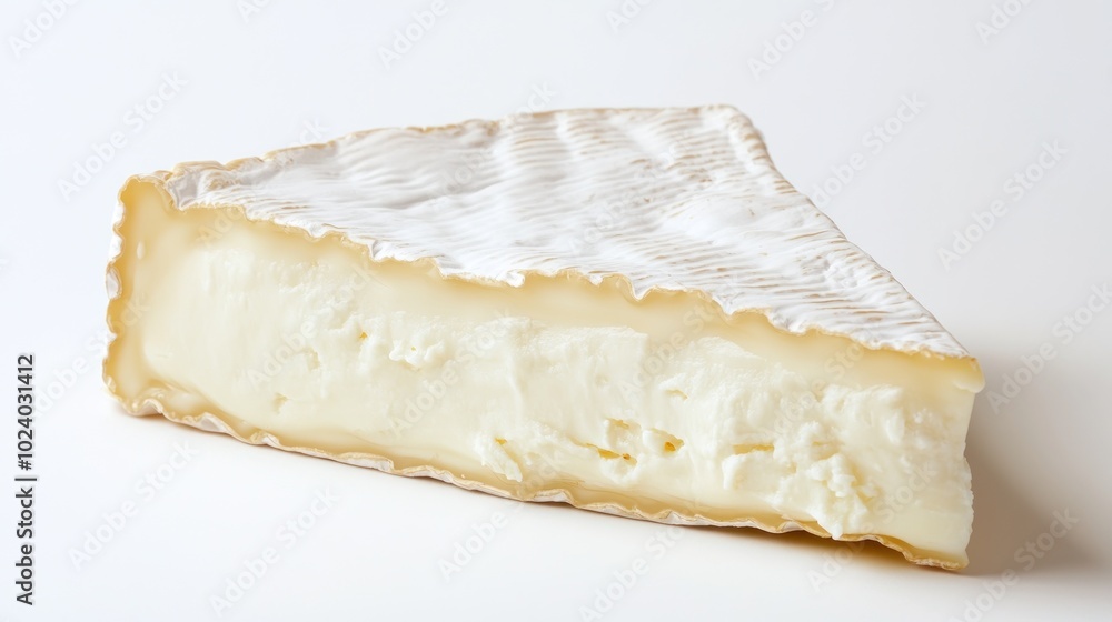 Poster A wedge of creamy cheese with a soft, edible rind, ideal for cheese platters.