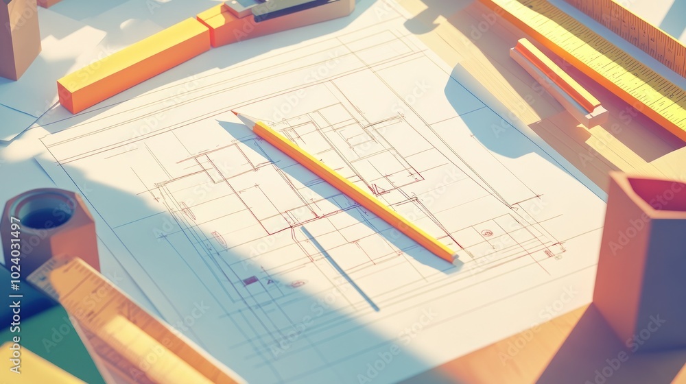 Poster a workspace with architectural blueprints and drafting tools.