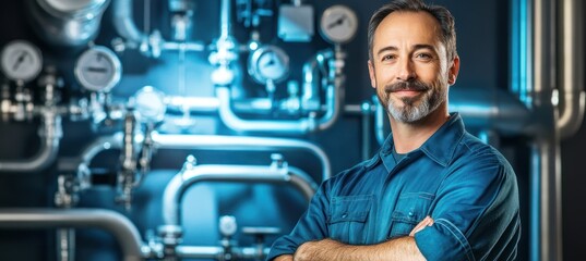 A confident man stands in front of industrial pipes, showcasing expertise in plumbing or engineering.