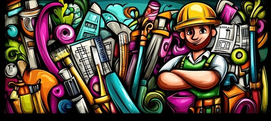 A colorful illustration featuring a cheerful builder amidst various construction tools and materials.