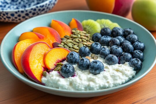 Cottage cheese bowl with fresh peaches, blueberries, and a sprinkle of pumpkin seeds, offering a protein-packed start to the day