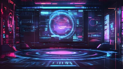 Fototapeta premium Horizontal abstract holograms with HUD interface. Blank cyberspace with futuristic elements. Circle elements Sci-fi podium for show product in cyberpunk style. 3D holograms HUD for UI, Web. Vector lab