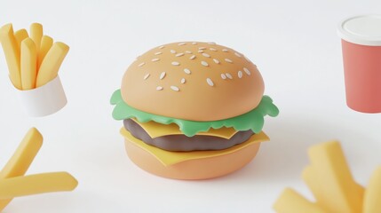 A colorful, 3D-rendered hamburger with fries and a drink, representing fast food.