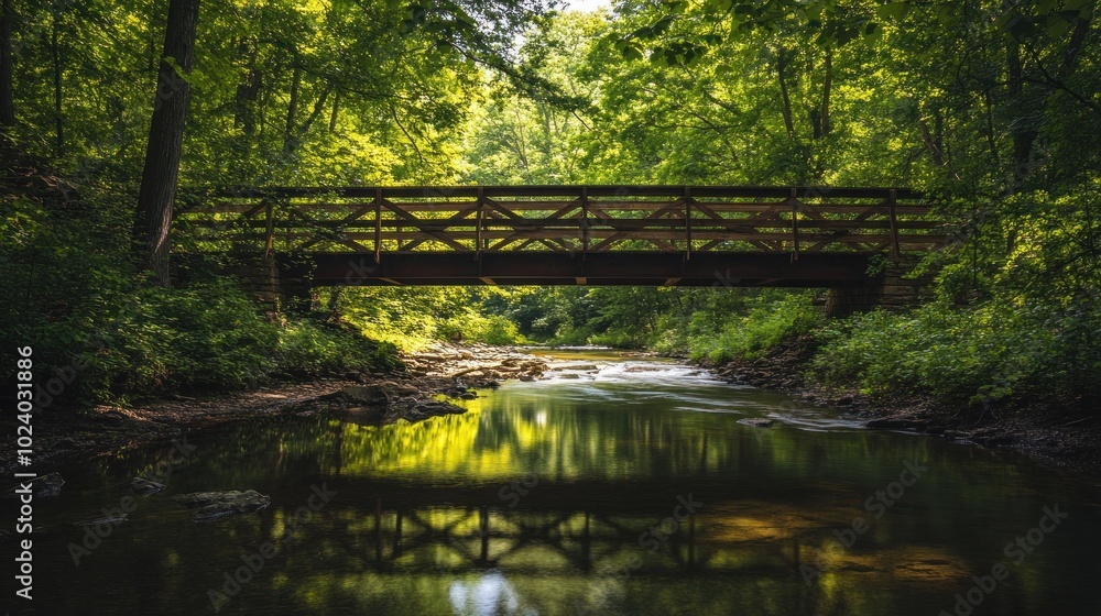 Canvas Prints A serene wooden bridge over a tranquil stream surrounded by lush greenery.