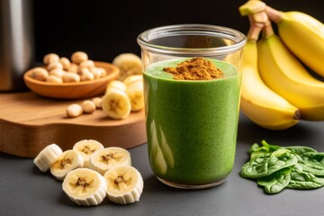 A post-workout protein smoothie in a shaker, with bananas, spinach, and protein powder ready to blend