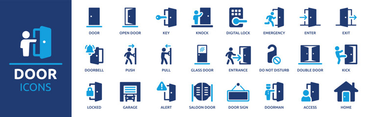 Door icon set. Containing enter, exit, doorbell, knock, open door, home, closed door, pull and push symbol. Solid icons vector collection.