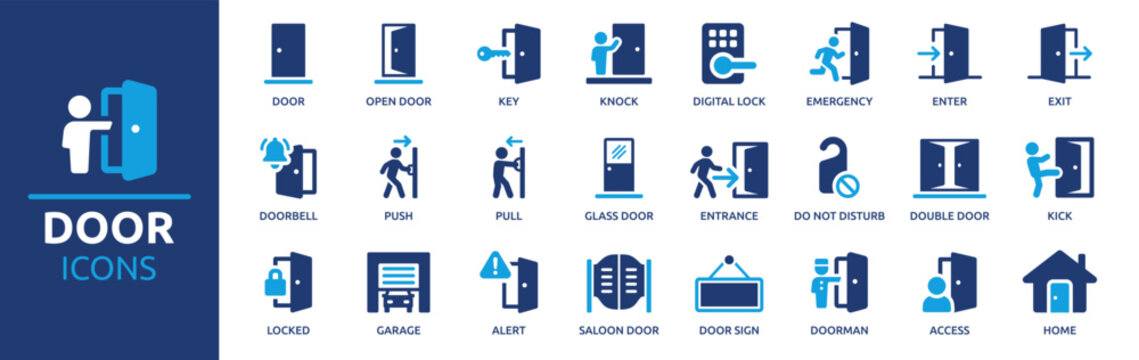 Door icon set. Containing enter, exit, doorbell, knock, open door, home, closed door, pull and push symbol. Solid icons vector collection.