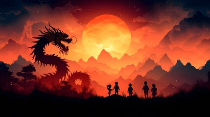 Fototapeta premium Papercut dragon dance with festive lanterns and children playing in a Lunar New Year background
