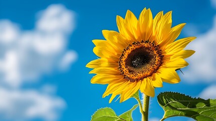 Captivating close up of a vibrant sunflower with its radiant yellow petals reaching up towards the bright and serene azure sky showcasing the beauty and tranquility of nature