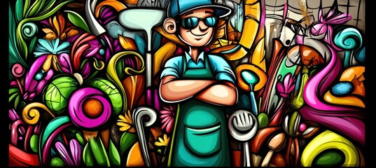 Obraz premium A cheerful gardener stands amidst vibrant flowers and gardening tools, showcasing a lush environment.