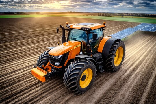 Electric tractors working in a field, powered by renewable energy from nearby solar panels, reducing carbon emissions in rural farming