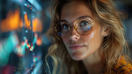 Young Woman Analyzing Stock Market Trends with Focus