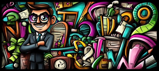 A colorful illustration of a confident businessman surrounded by various office items and clutter.