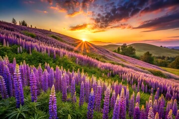 Obraz premium Hillside covered with purple lupine glowing in afternoon light