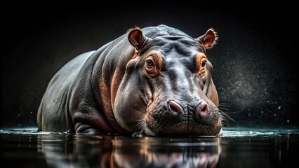 Fototapeta premium Hippopotamus in water with dark black background Low Angle