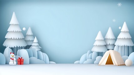 Obraz premium Winter scene with snow-covered trees, tent, snowman, and a gift on a blue background.
