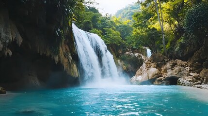 A wide sweeping view of a beautiful tropical waterfall cascading over lush verdant cliffs into a crystal clear turquoise hued pool below surrounded by a lush vibrant jungle landscape