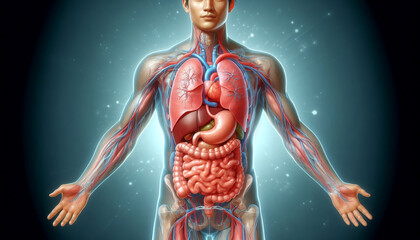 A detailed medical illustration of the human abdomen, highlighting internal organs such as the stomach, liver, and intestines in an educational format.